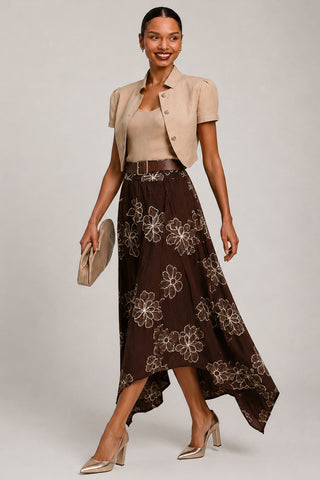 Asymmetric Embroidered Midi Skirt, Cocoa Brown
