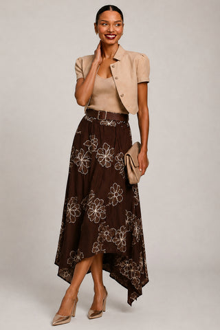 Asymmetric Embroidered Midi Skirt, Cocoa Brown