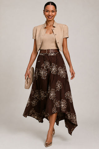 Asymmetric Embroidered Midi Skirt, Cocoa Brown