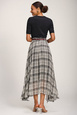 Asymmetric Frill Chiffon Maxi Skirt , Black Check