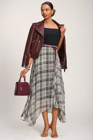 Asymmetric Frill Chiffon Maxi Skirt , Black Check