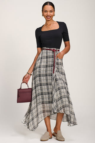 Asymmetric Frill Chiffon Maxi Skirt , Black Check