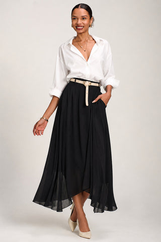 Asymmetric Frill Chiffon Maxi Skirt, Black