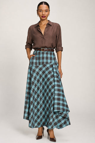 Asymmetric Check Maxi Skirt, Blue Check