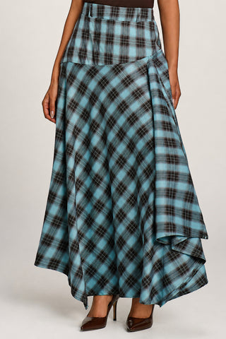 Asymmetric Check Maxi Skirt, Blue Check