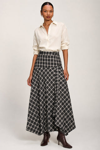 Plaid Asymmetric Maxi Skirt, Black Check
