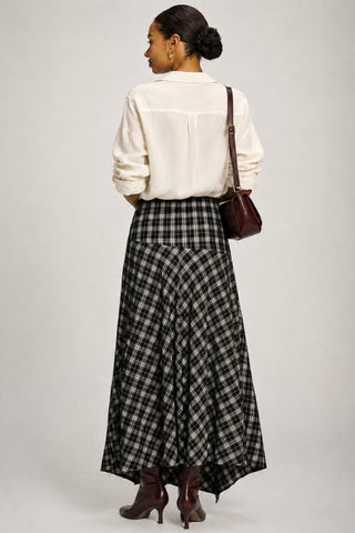 Plaid Asymmetric Maxi Skirt, Black Check