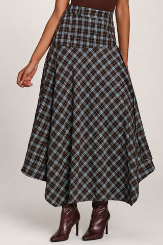 Plaid Asymmetric Maxi Skirt, Brown Check