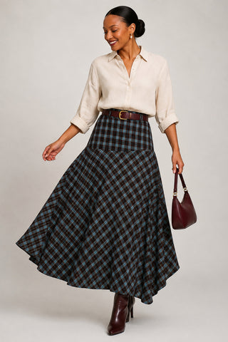 Plaid Asymmetric Maxi Skirt, Brown Check