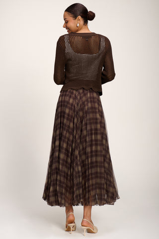 Checked Crinkle Mesh Maxi Skirt, Olive Brown