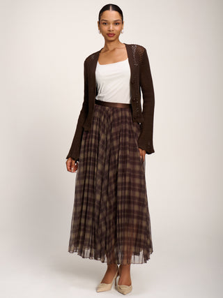 Checked Crinkle Mesh Maxi Skirt, Olive Brown