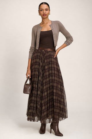 Checked Crinkle Mesh Maxi Skirt, Olive Brown