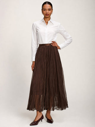 Plain Crinkle Mesh Maxi Skirt, Chocolate Brown