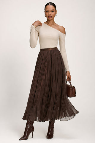 Plain Crinkle Mesh Maxi Skirt, Chocolate Brown