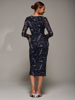 Ruffle V-Neckline Mesh Bodycon Midaxi Dress, Black Abstract