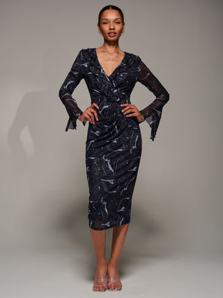 Ruffle V-Neckline Mesh Bodycon Midaxi Dress, Black Abstract