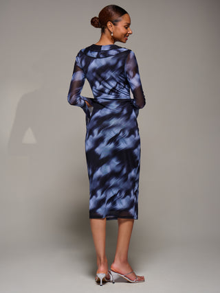 Ruffle V-Neckline Mesh Bodycon Midaxi Dress, Blue Abstract