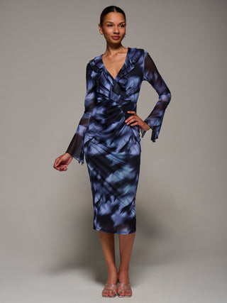 Ruffle V-Neckline Mesh Bodycon Midaxi Dress, Blue Abstract