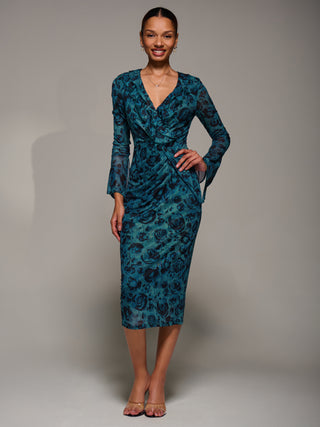 Ruffle V-Neckline Mesh Bodycon Midaxi Dress, Green Abstract