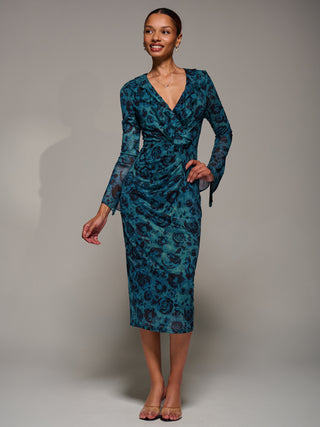 Ruffle V-Neckline Mesh Bodycon Midaxi Dress, Green Abstract