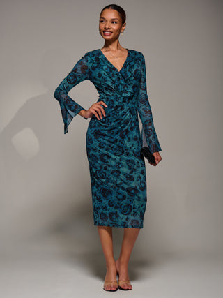 Ruffle V-Neckline Mesh Bodycon Midaxi Dress, Green Abstract