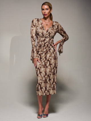 Long Sleeve Mesh Bodycon Dress, Mocha Abstract