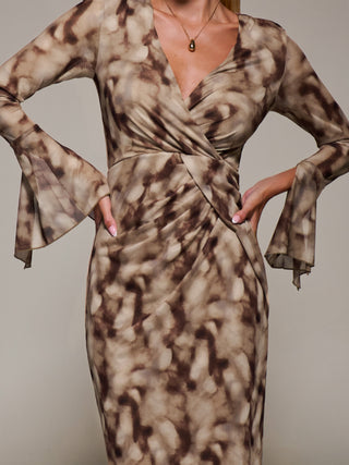 Long Sleeve Mesh Bodycon Dress, Mocha Abstract
