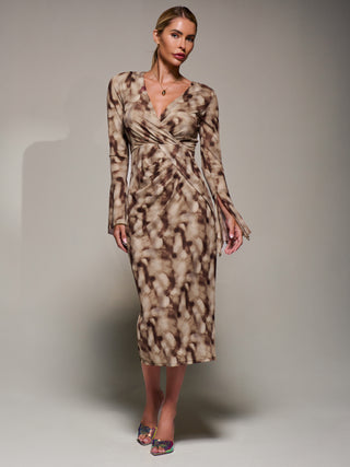 Long Sleeve Mesh Bodycon Dress, Mocha Abstract