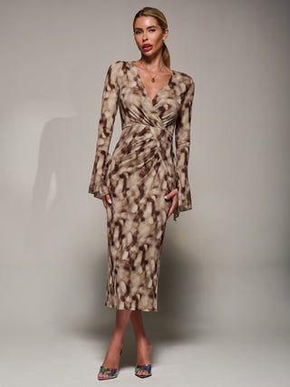 Long Sleeve Mesh Bodycon Dress, Mocha Abstract