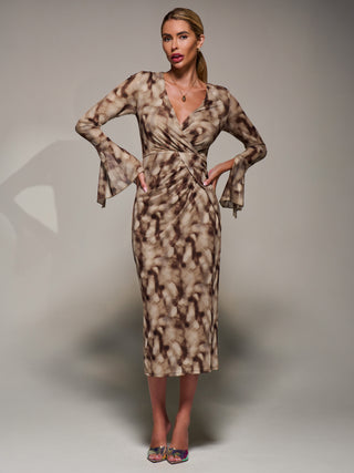 Long Sleeve Mesh Bodycon Dress, Mocha Abstract
