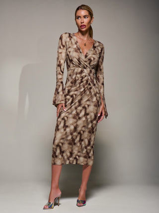 Long Sleeve Mesh Bodycon Dress, Mocha Abstract