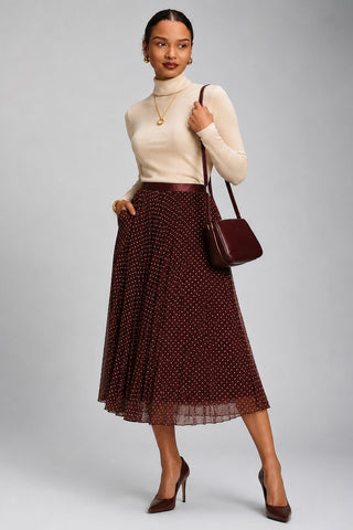 Print Crinkle Mesh Midi Skirt, Burgundy Spot