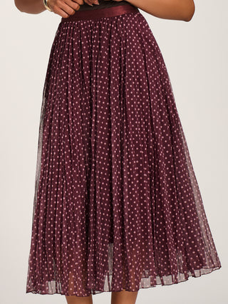 Print Crinkle Mesh Midi Skirt, Burgundy Spot