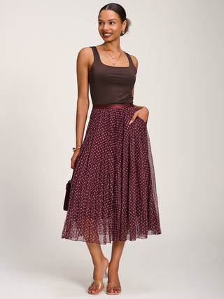Print Crinkle Mesh Midi Skirt, Burgundy Spot