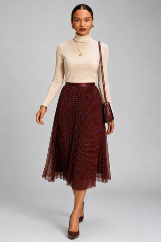 Print Crinkle Mesh Midi Skirt, Burgundy Spot
