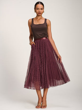 Print Crinkle Mesh Midi Skirt, Burgundy Spot