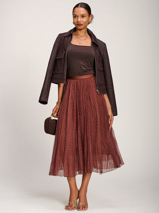 Print Crinkle Mesh Midi Skirt, Caramel Spot