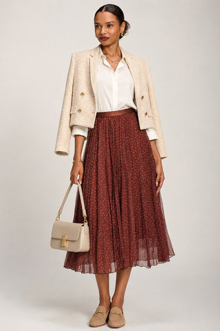 Print Crinkle Mesh Midi Skirt, Caramel Spot