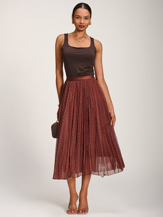 Print Crinkle Mesh Midi Skirt, Caramel Spot