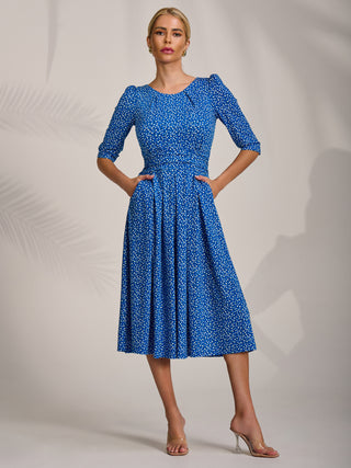 Sleeve Printed Jersey Midi Dress, Blue Ditsy