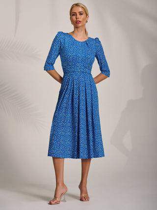 Sleeve Printed Jersey Midi Dress, Blue Ditsy