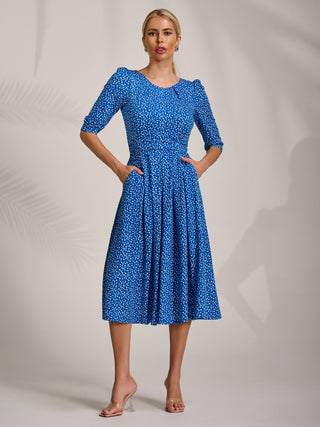 Sleeve Printed Jersey Midi Dress, Blue Ditsy