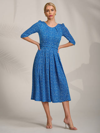 Sleeve Printed Jersey Midi Dress, Blue Ditsy
