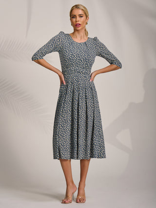 Sleeve Printed Jersey Midi Dress, Navy Ditsy