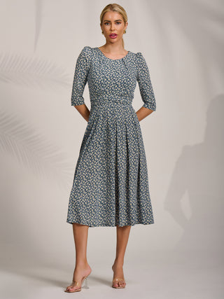 Sleeve Printed Jersey Midi Dress, Navy Ditsy