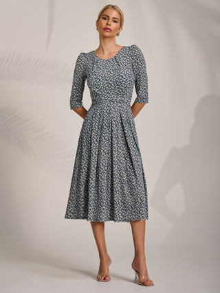 Sleeve Printed Jersey Midi Dress, Navy Ditsy