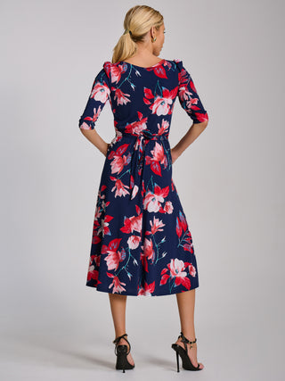 Sleeve Printed Jersey Midi Dress, Navy Floral