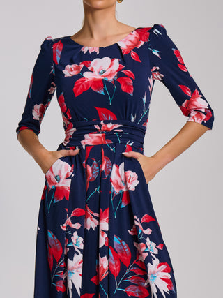 Sleeve Printed Jersey Midi Dress, Navy Floral