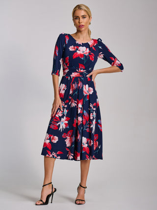 Sleeve Printed Jersey Midi Dress, Navy Floral