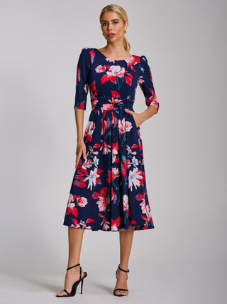 Sleeve Printed Jersey Midi Dress, Navy Floral